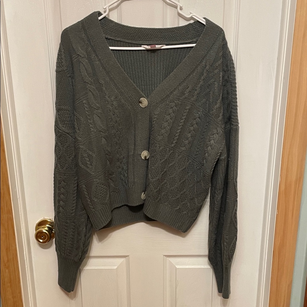 No Boundaries Olive Green Cable Knit V-Neck Button Cardigan